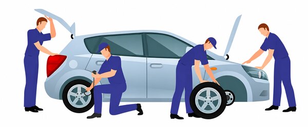 Equipe da Império dos Pneus trocando pneu e revisando um carro