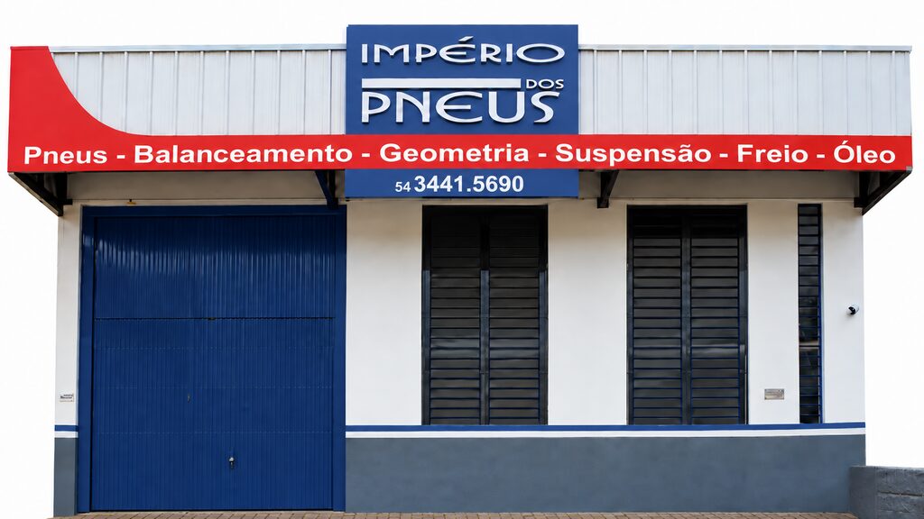 Fachada da Império dos Pneus, à beira da BR-470 em Veranópolis